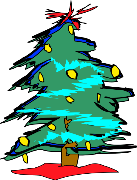 The image shows a Christmas tree with yellow baubles on it against a black background; there is also an animated character of Santa Claus standing in front of the tree to its left side.