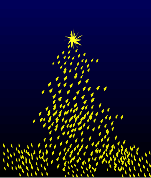 The image shows a nighttime scene with a Christmas tree on top of what appears to be snowy hills under a dark sky filled with falling yellow confetti-like particles that resemble stars against a black background, giving an impression of celebrating at midnight during winter or early morning hours in the holiday season.