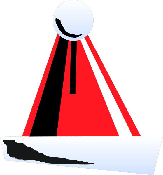 The image shows a red flag with an abstract design on it next to what appears to be a satellite dish pointing upwards towards a small white sphere in space against a black background.