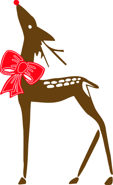 The image shows a stylized depiction of an animated deer with antlers standing on two legs against a dark background; it has red ribbon around its neck tied in a bow shape.