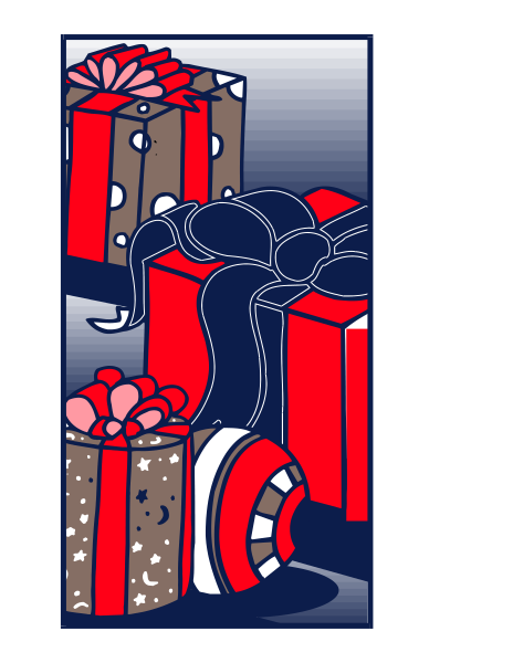 The image shows a cartoon of presents with ribbons on top placed next to each other against a dark background; there is also an illustration of what appears to be chocolate bars in front of them.