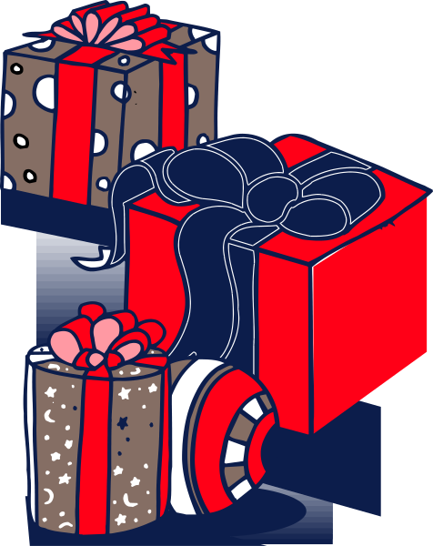 The illustration shows a cartoon depiction of presents with gift wrapping paper on them placed next to each other against a dark background; there is also an image resembling a wrapped present in front of two larger ones, and below these three gifts appears what looks like a small car or toy vehicle.