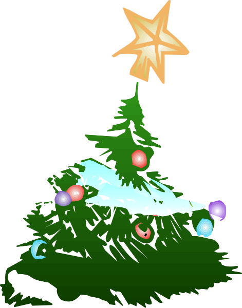 The image shows a Christmas tree with decorations such as lights, balls, stars, and snowflakes at its top against a dark background; it is stylized in clip-art form.