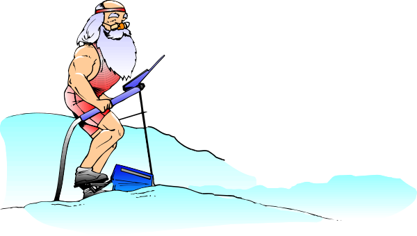 The cartoon depicts a man on water skis being pulled by an unseen boat through choppy waters while holding onto ropes attached to his waist belt.