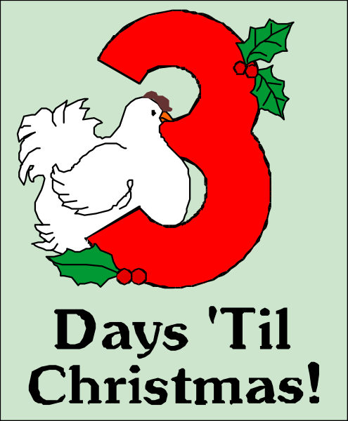 The image features a cartoon of three birds sitting on top of Christmas wreaths with holly leaves around them; above this scene is text that reads "3 days 'til christmas."