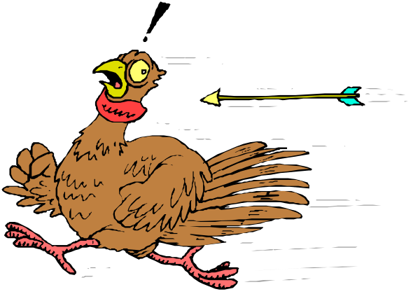 The cartoon shows two chickens running with a trail of feathers behind them; there is an arrow pointing towards the chicken on the right side from its tail end to indicate motion.