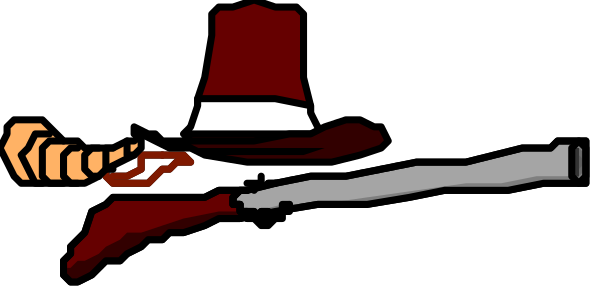 The image shows a black banner with two cartoon characters on it: to its left is an anthropomorphic figure resembling a cat wearing a red top hat and holding what appears to be a sword, while to its right there's another character that looks like a humanoid form in a dark outfit also wielding the same weapon.