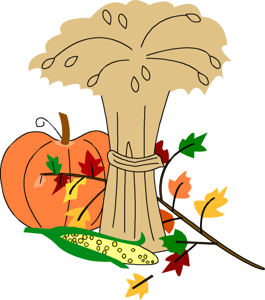 The illustration depicts a fall harvest scene with an ear of corn on top left corner, pumpkin to right side, autumn leaves scattered around in various shades of orange, yellow, red, green, blue and brown hues, wheat stalks at bottom center, pine cone next to the wheelbarrow.