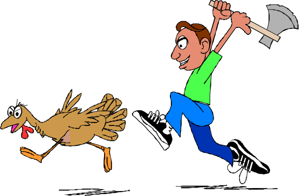 The black and white cartoon shows a man running with an axe towards a chicken that is also depicted as being chased by another person who appears to be in mid-run behind him.
