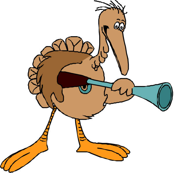 The cartoon shows two turkeys playing a trumpet with their beaks while standing on what appears to be an island in front of water; one bird is holding up its wing as if conducting music.