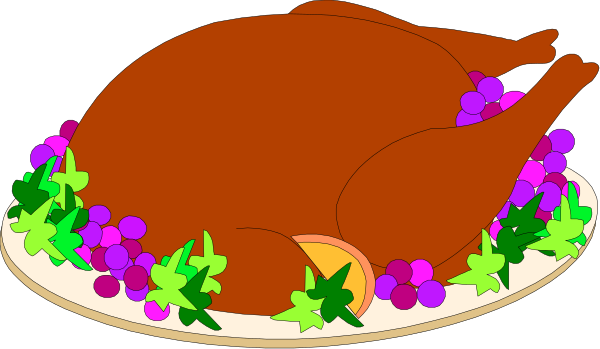 The image shows a whole roasted turkey on top of two plates with grapes around it, set against a dark background that does not provide any additional context about location or time period.