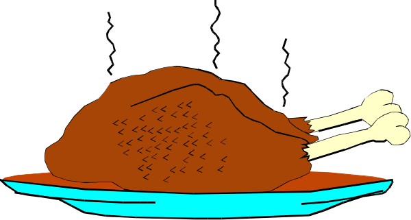 The image shows a cartoon turkey with bones sticking out of it sitting on top of what appears to be mashed potatoes in an oven-like structure set against a dark background.