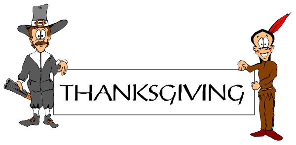 The image features a cartoon depiction of three characters dressed as pilgrims standing next to each other with text that reads "THANKSGIVING" in between them against a black background.