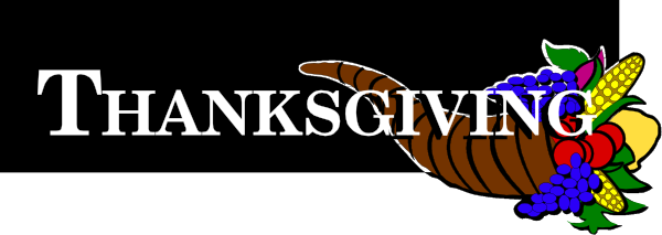 The image shows a Thanksgiving theme with text that reads "Thanksgiving" at top right corner of an illustration featuring autumn leaves in various shades of brown around stylized pumpkins, cornucopia filled with fruits and vegetables like apples, oranges, grapes, carrots, broccoli, a turkey on the left side.