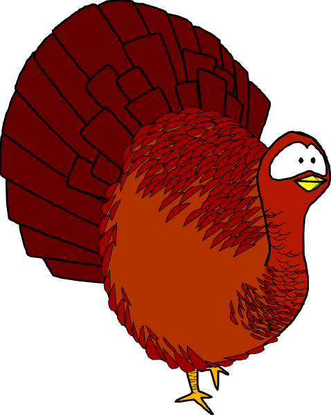 The image shows a cartoon turkey with red feathers standing against a black background.