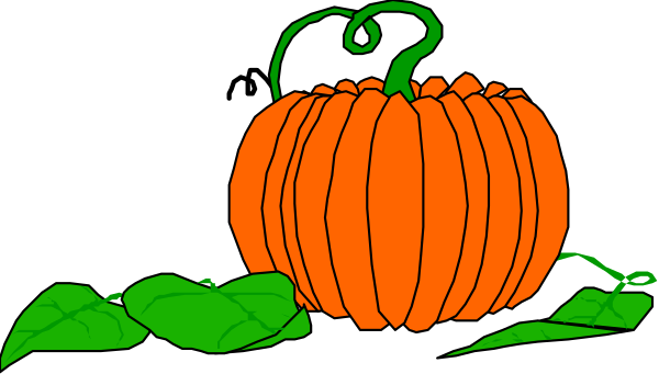 The image shows a cartoon pumpkin with green stem on top of it sitting next to some leaves at Halloween time.