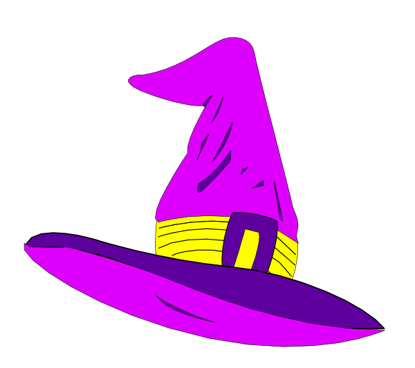 The image shows a purple witch's hat with an orange stripe on top against a black background.