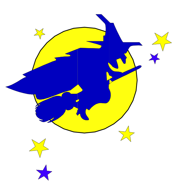 The image shows a night sky with an owl silhouette flying over it on what appears to be Halloween theme background featuring stars and crescent moon shapes in blue coloring against black backdrop; there is also text that reads "WITCH" at bottom right corner, suggesting the presence of witchcraft or magic.