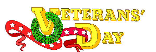 The image shows a graphic with text that reads "Veterans' Day" at top left corner followed by an illustration of a snake wrapped around itself in red ribbon-like pattern on right side; below it, there is another line of text stating "VETERANS DAY."