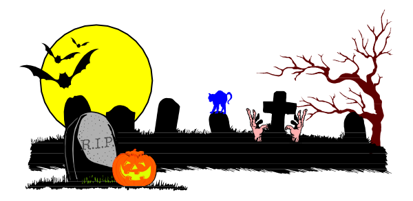 The image features a Halloween scene with elements such as bats flying around trees, gravestones, skeletons, ghosts, pumpkins carved into jack-o'lanterns, and spooky decorations like cobwebs on branches against a dark background that suggests nighttime or the absence of light.