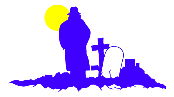 The image shows a nighttime scene with silhouettes of two figures standing near an open grave; there is also a cross in front of them on what appears to be Halloween-themed decorations like tombstones and spooky elements, suggesting it's meant for festive purposes rather than depicting real people or events.