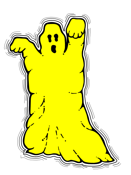 The image shows a black silhouette of an animated ghost with arms outstretched against a white background.