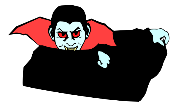 The image shows a black background with two cartoon characters: on the left is Dracula's silhouette in red; to his right stands Batman pointing at him with an index finger extended from behind, also depicted as a dark figure against the same backdrop.