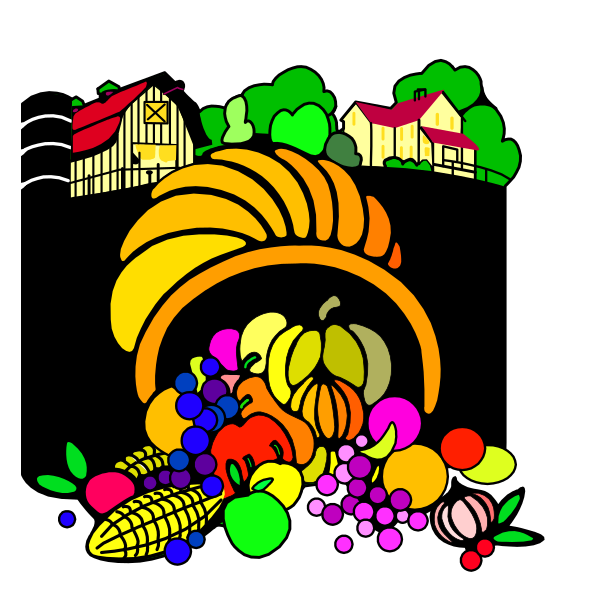 The image shows a colorful cartoon of an apple pie with fruit filling spilling out from under it onto a table below, surrounded by various fruits like apples, bananas, grapes, corn on the cob and carrots in front of what appears to be farmland or countryside scenery.