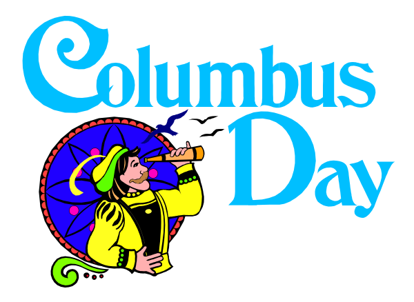 The image shows a logo with text that reads "Columbus Day" atop an illustration of a person holding what appears to be a telescope while standing under an umbrella adorned with stars and stripes, suggesting it's related to Columbian day or celebration.