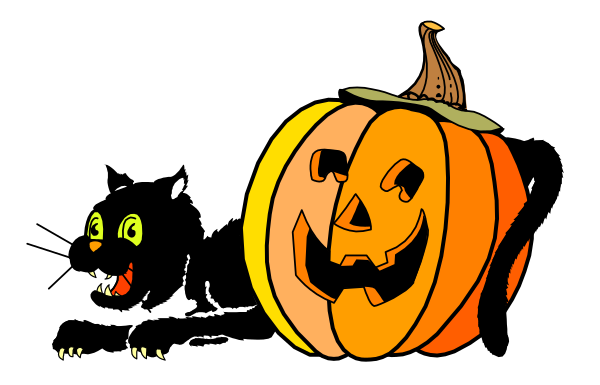 The image features a Halloween theme with two pumpkins: on the left side is an orange jack o' lantern carved into a smiling face; to its right stands another smaller pumpkin decorated like a witch hat, and in front of them both sits a black cat looking upwards towards the viewer.