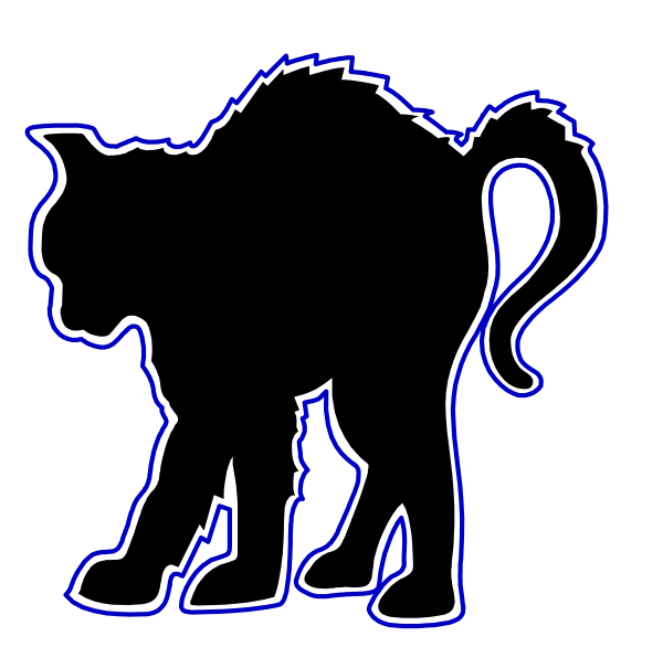 The image shows a black silhouette of an animal that resembles a cat with its tail curled up behind it against a dark background.