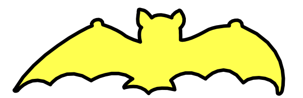 The image shows a black bat with yellow wings against a white background on top of what appears to be an ice cream cone-shaped object in shades of brown and tan.