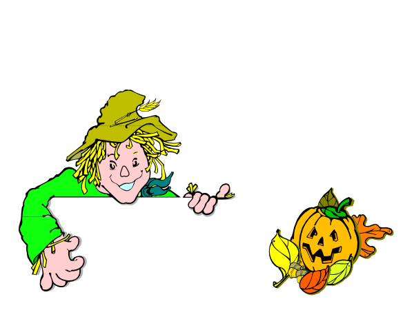 The image features a cartoon witch with broomstick flying over pumpkins on Halloween night against dark sky background.