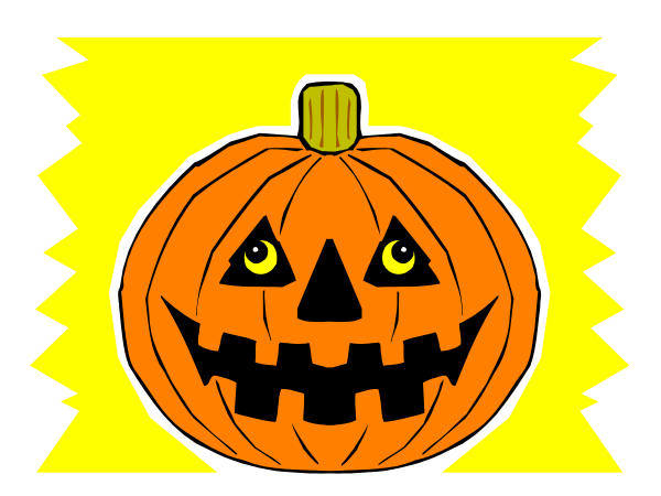 The image shows a cartoon pumpkin with eyes carved into it against an orange background that resembles autumn leaves.