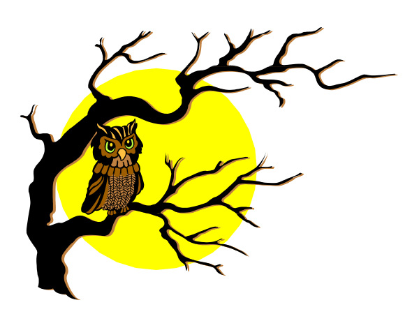 The image shows a cartoon owl perched on an outstretched branch of a tree with moonlight illuminating it during what appears to be Halloween night due to its spooky theme.