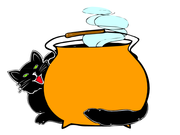 The cartoon depicts a black cat sitting inside an orange pot with smoke coming out of it on top; there is also food in front of the pot that looks like pizza slices.