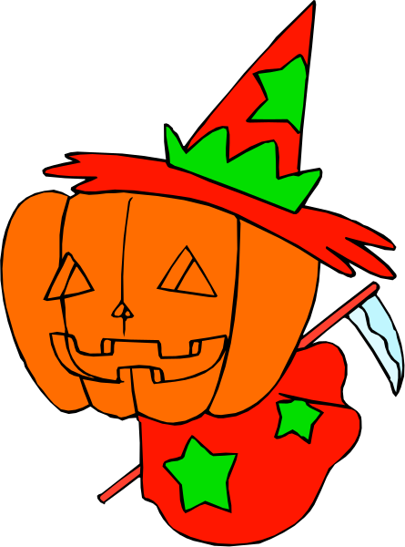 The image features a cartoon depiction of an orange jack o' lantern with carved eyes and mouth on its face, wearing a red witch hat adorned with green stars atop it; to the right is a small black cat sitting upright in front of the pumpkin.