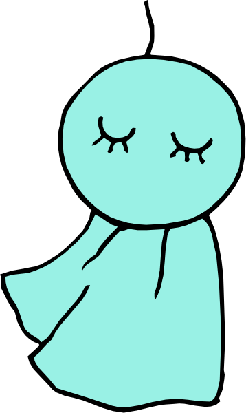 The image shows a cartoon of an animated character with closed eyes standing against a dark background; it is stylized in black-and-white line drawing form without any color information provided.