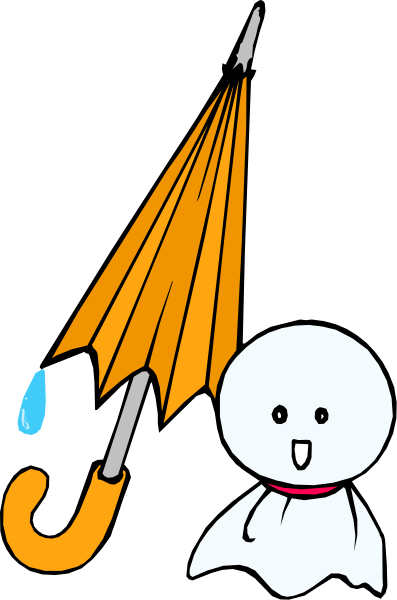 The image shows a cartoon of an umbrella with raindrops falling from it on its left side against a black background; to the right is another smaller illustration featuring what appears to be a white ghost-like figure holding two objects: one resembling a blue umbrella and the other, possibly representing water droplets or snowflakes.