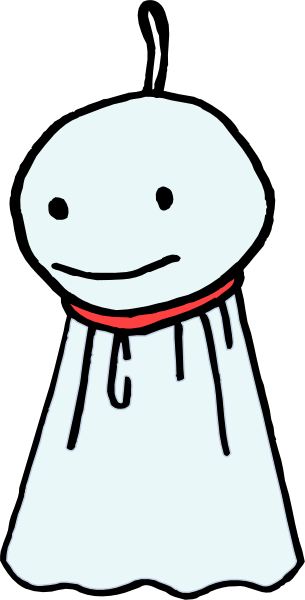 The image shows a cartoon ghost with eyes closed standing next to an open umbrella on what appears to be a rainy day outside at nighttime.
