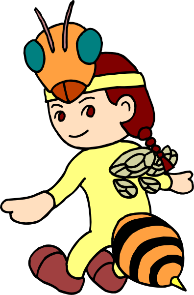 The image shows a cartoon of an insectoid creature with antennae standing next to what appears to be a human child wearing yellow clothing; both characters have small wings on their backs.