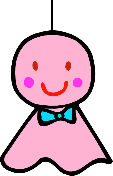 The image shows a cartoon of an anthropomorphic pink ghost with eyes, mouth, arms, legs, bow tie, and hair standing against a black background in front of what appears to be two vertical lines that could represent doorways or windows on either side.