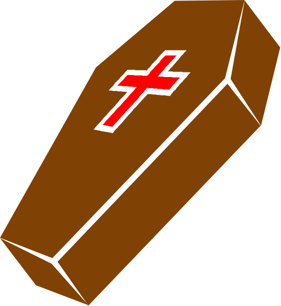 The image shows a coffin with an emblem on it placed against a dark background.