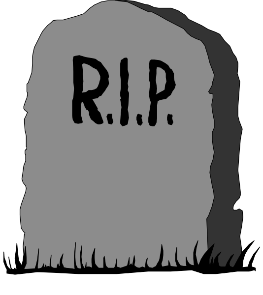 The black and white cartoon shows a gravestone with "RIP" written on it next to an illustration of a tombstone in front of which there is grass growing.