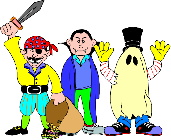 The illustration shows four animated characters: a pirate with an eye patch holding a treasure chest; another character dressed as a ghostly figure wearing a white sheet over its body; one in a cowboy hat, bandana and boots standing next to it; and finally, two men waving at the viewer. They are all depicted against a black background.