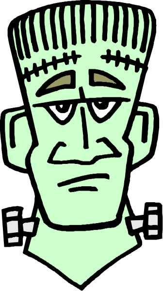 The image shows a cartoon of Frankenstein's monster with green skin standing against a dark background inside what appears to be an open book cover.