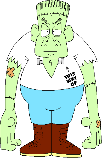 The cartoon shows a character with exaggerated features resembling Frankenstein's monster standing upright on two legs in front of what appears to be an American flag background.