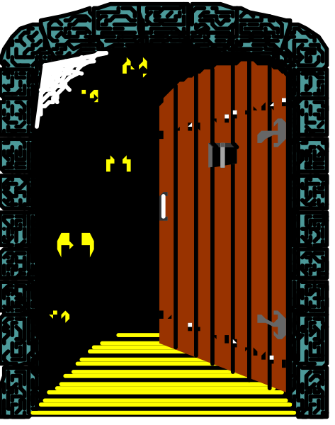 The image shows a pixelated depiction of an open door with light shining through it into what appears to be darkness beyond; there is no text present in this small clip-art image.