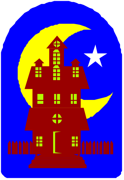 The image shows a cartoon depiction of an old house with two visible windows at night under a crescent moon against a dark sky background; there is no text present in this small clip-art image.