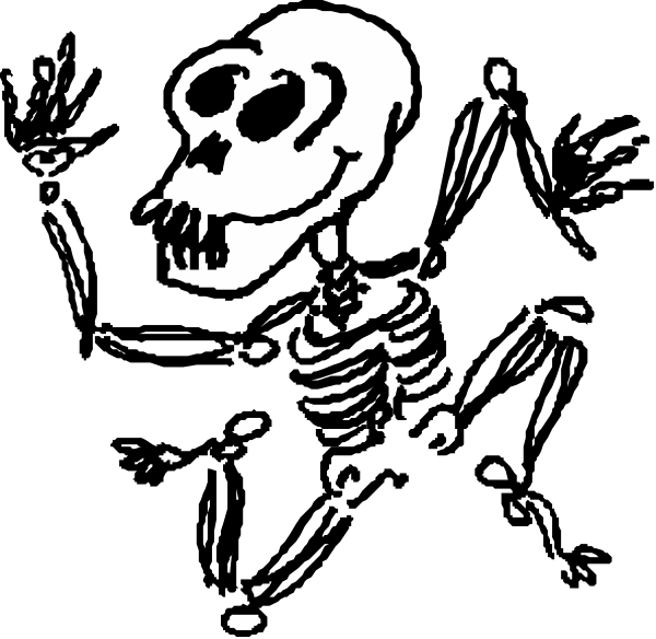 The black and white silhouette of a skeleton with an exaggeratedly large skull holding up its arms as if waving to someone in front of it.